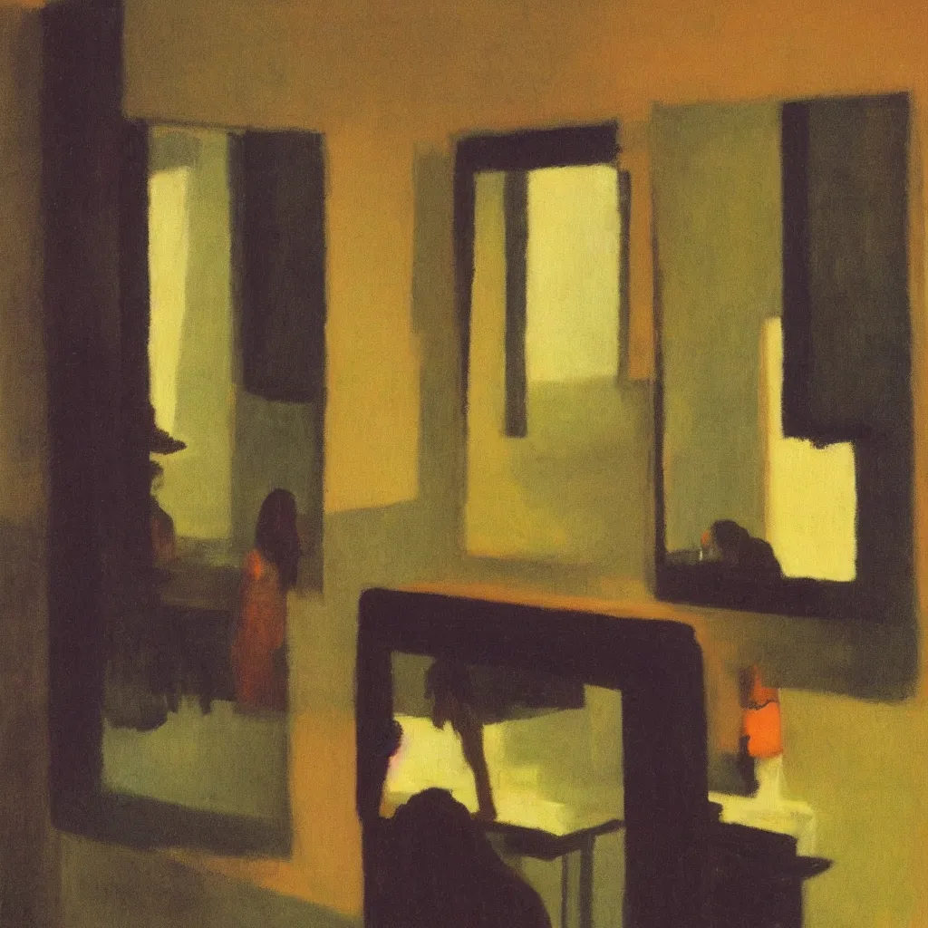 Image similar to seeing her in my mirror when lights in the back room are on and shadows are crawling back into my life, style of Edward Hopper, John Singer Sargant, Francis Bacon, colors of Mark Rothko