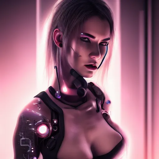 Prompt: realistic detailed portrait of Cyberpunk woman, portrait, Cyberpunk, Sci-Fi, science fantasy, glowing skin, full body, beautiful girl, extremely detailed, sharp focus, model