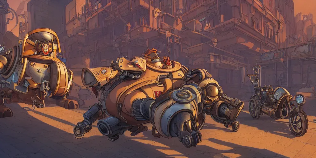 Prompt: roadhog from overwatch in style of the 1 9 9 0 disney cartoon, cinematic shot, octane render dieselpunk style, steampunk, art by jean giraud and moebius ; architecture by francois schuiten, illustration, drawing, painting, clean lines, digital art, symmetric, retrofutur, detailed, artstation