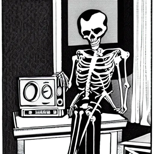 Prompt: skeleton in a tuxedo watching a 1930s television