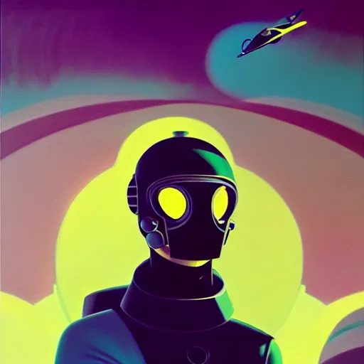 Prompt: a kilian eng art deco style sci - fi pilot, oil on canvas, smooth, sharp focus, vibrant volumetric dark natural light, dark enlightenment, albedo.