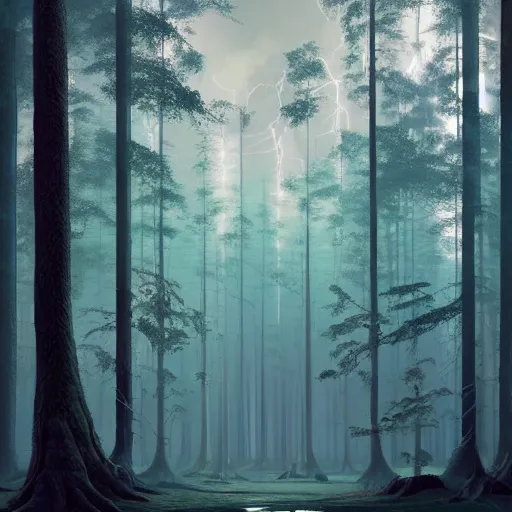Image similar to electronic matte 3 d art of a incredible forest scene by dan mumford, beeple, sparth, andreas rocha, john howe, martin johnson heade, featured on artstation, featured on behance, featured on illustrationx, cinematic, cinematic lightning, landscape photography, octane render