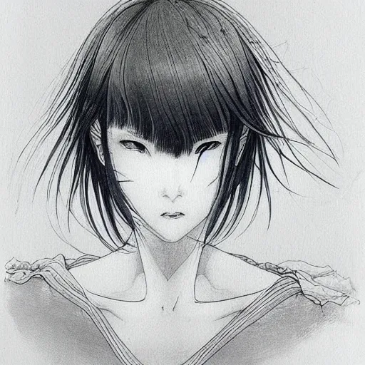 Image similar to prompt: Fragile looking soft light portrait face drawn by Katsuhiro Otomo, inspired by Ghost in Shell anime, magical and alchemical objects on the side, soft light, monochrome background, intricate detail, intricate ink painting detail, sharp high detail, manga and anime 2000