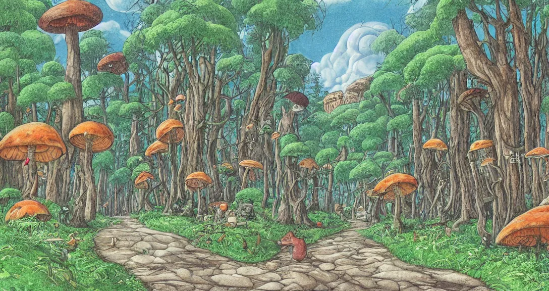 Prompt: road in a forest road, with different birds and animals, small and big fairy tale buildings, giant mushrooms, weird creatures, highly detailed, fantasy art, fairy tale illustration, book illustration, by sven nordqvist, by studio ghibli, by tove jansson