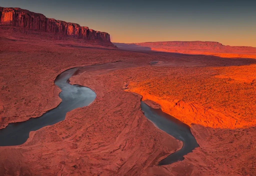 Prompt: a river bend running through a canyon surrounded by desert mountains at sunset on mars, planet mars, moab, utah, a tilt shift photo by frederic church, trending on unsplash, hudson river school, 3 5 mm photo, photo taken with provia, national geographic photo