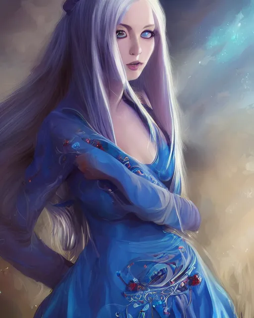 Image similar to A beautiful mysterious girl with cobalt-blue eyes and silky white hair, guitar shape build, her wardrobe is attractive, full body, fantasy art, in the style of Turine Tran, illustration, epic art, fantasy, intricate, elgant, amazing detail, digital painting, artstation, concept art, smooth, sharp focus