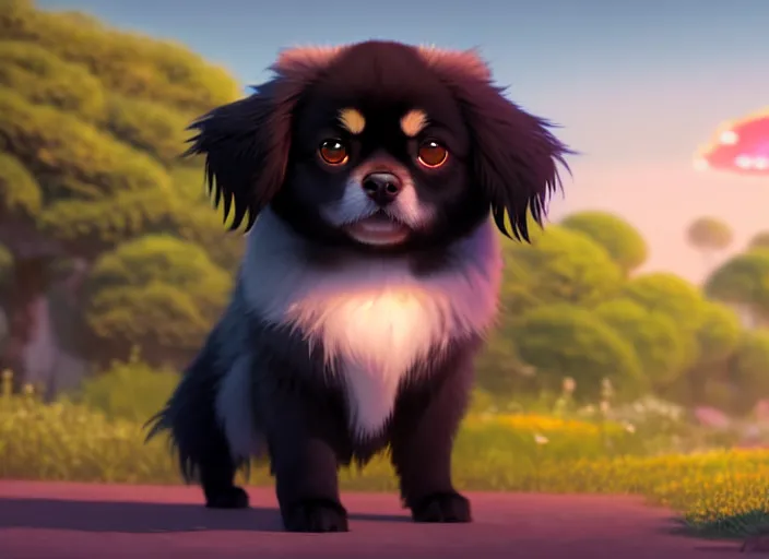 Prompt: a wholesome animation key shot of a black tibetan spaniel, in spain, studio ghibli, pixar and disney animation, sharp, rendered in unreal engine 5, anime key art by greg rutkowski, bloom, dramatic lighting