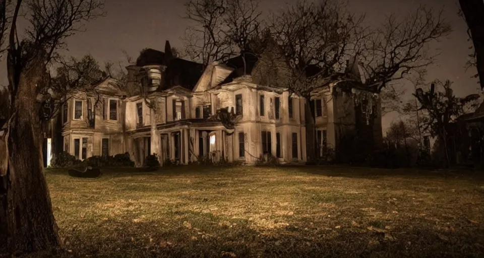 Prompt: Halloween film, Scene where a woman in white walking dark hallways in old mansion at midnight , view from front