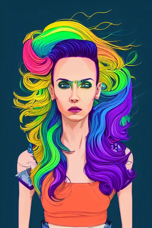 Image similar to a award winning half body portrait of a beautiful woman with stunning eyes in a printed croptop and cargo pants with rainbow colored ombre hairstyle head in motion and hair flying by josan gonzales, outrun, vaporware, shaded flat illustration, digital art, trending on artstation, highly detailed, fine detail, intricate