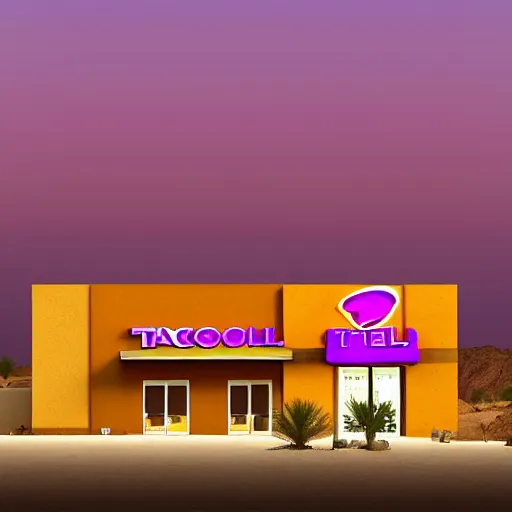 Prompt: cinematic fill still of a Taco Bell in the desert, Sigma 500mm f/5 shot from a far at night