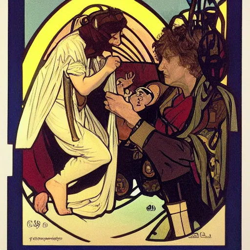 Prompt: baby gamorian guard being looked after by tom baker dr who, alphonse mucha