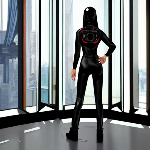 Image similar to A cybernetic woman in a sleek black jumpsuit, looking over her shoulder with a enigmatic smile, standing in front of a large window with a cityscape in the background, by James Jean and Jen Lee and Rebecca sugar, sci fi world, pixiv, unreal engine, HD