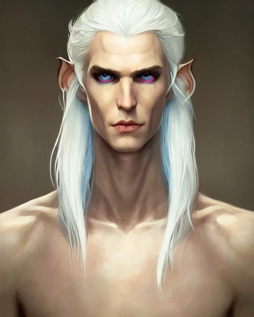 Image similar to character portrait of a slender young half elven man with white hair, piercing blue eyes, and pale blue skin, by greg rutkowski and mark brookes and jim burns and tom bagshaw and magali villeneuve, trending on artstation