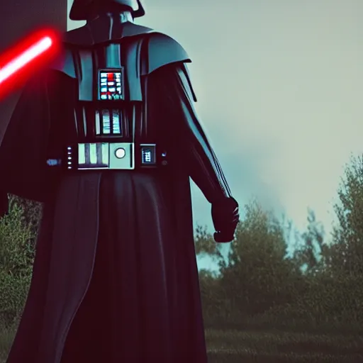 Image similar to ultra realistic scene, hdr, 4 k, darth vader walking in the night with his red lightsaber