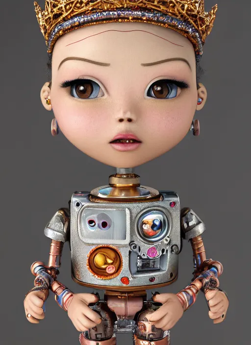 Image similar to closeup profile portrait of tin toy fairytale princess wearing a crown robot trap, depth of field, zeiss lens, detailed, symmetrical, centered, fashion photoshoot, by nicoletta ceccoli, mark ryden, lostfish, breathtaking, 8 k resolution, extremely detailed, beautiful, establishing shot, artistic, hyperrealistic, octane render