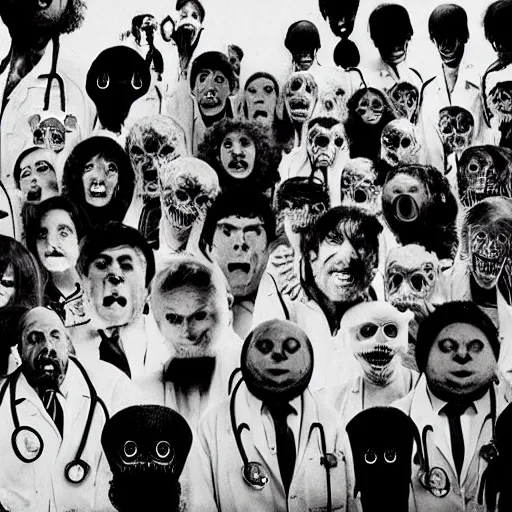 Prompt: a creepy filmic 30mm filmic wide shot ground level angle movie still color film photograph of a crowd of terrified doctors wearing lab coats trying to escape from a dangerous shape shifting alien creature with multiple mutated snarling drooling human faces and a grotesque variety of human & animal arms, legs & body parts in the style of a live action 1980s horror film, The Thing 1982