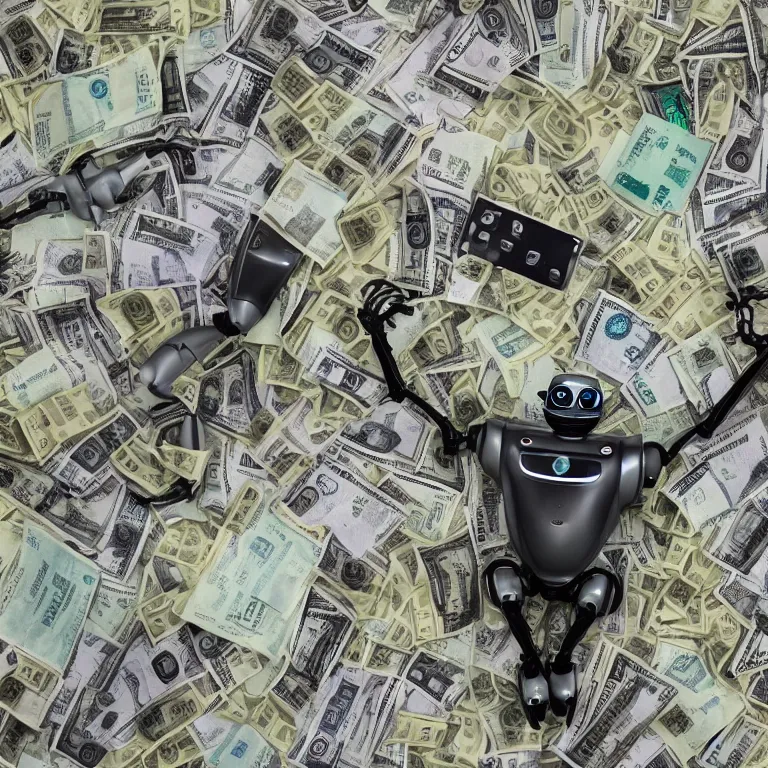 Prompt: Dall-E AI robot, drowning in cash,