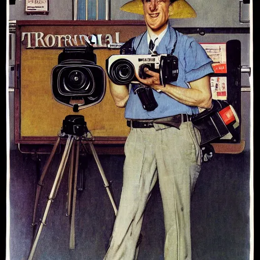 Prompt: norman rockwell painting of a television crew member holding a large television - video - camera