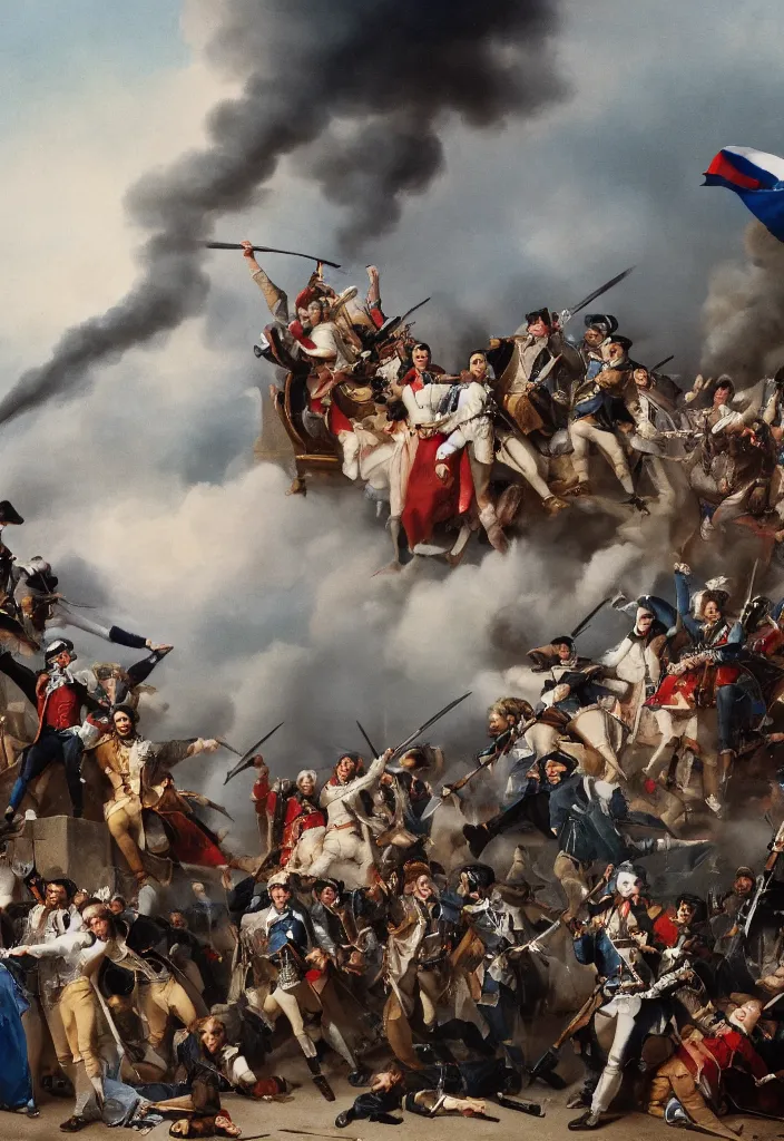 Image similar to portrait photograph fashion editorial french revolution storming of the Bastille. wide angle shot. hyperrealistic. detailed. depth of field. high definition. 8k. photography.