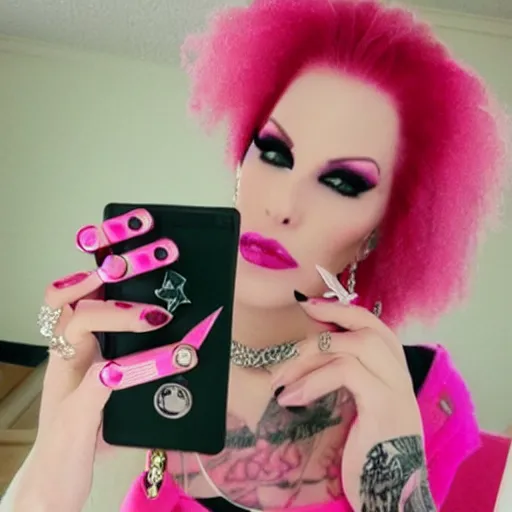 Prompt: jeffree star 2 0 0 0 s selfie with pink red hair and holding a pink rhinestone phone