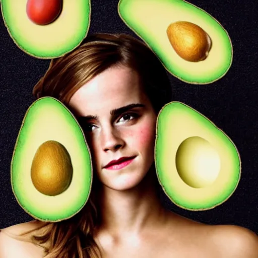 Image similar to photograph of emma watson with avocado skin, anthropomorphic