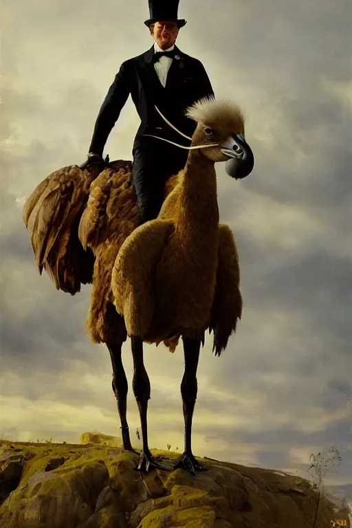 Image similar to portrait of a respectable dignified royal business elite politician wearing a top hat and coat tails riding on an ostrich, art by anders zorn, wonderful masterpiece by greg rutkowski, beautiful cinematic light, american romanticism by greg manchess, jessica rossier