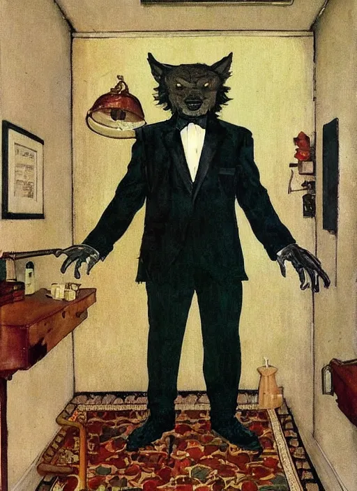 Prompt: full body and head portrait of a huge werewolf in a tuxedo in a dark and dingy dystopian apartment lit by green light, painted by norman rockwell and tom lovell and everett raymond kinstler