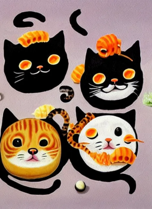 Image similar to clear surrealist painting of adorable cats made out of sushi