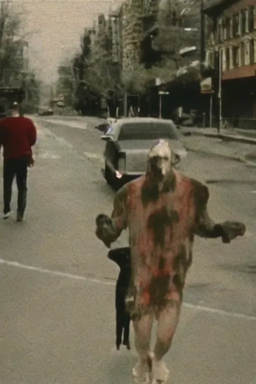 Image similar to still from vhs footage of artery!!! cryptid walking down street