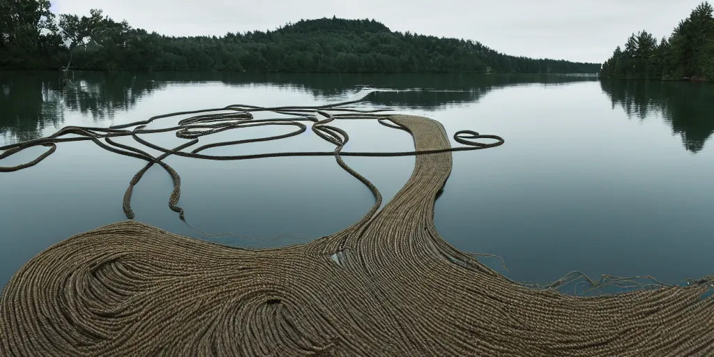Prompt: centered photograph of a single thick long rope zig zagging winding across the surface of the water into the distance, floating submerged rope stretching out towards the center of the lake, a dark lake on a cloudy day, color film, a shore in foreground and trees in the background, hyper - detailed photo, anamorphic lens