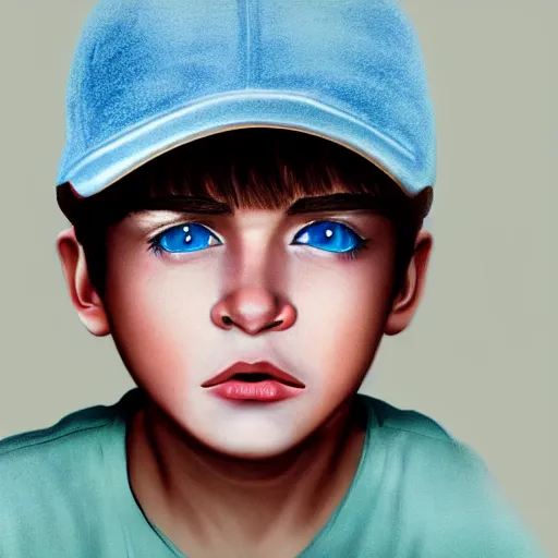 Image similar to a detailed portrait of a boy with light blue eyeswearing a black cap, realistic and detailed eyes, art illustration, incredibly highly detailed and realistic, 8 k, sharp focus