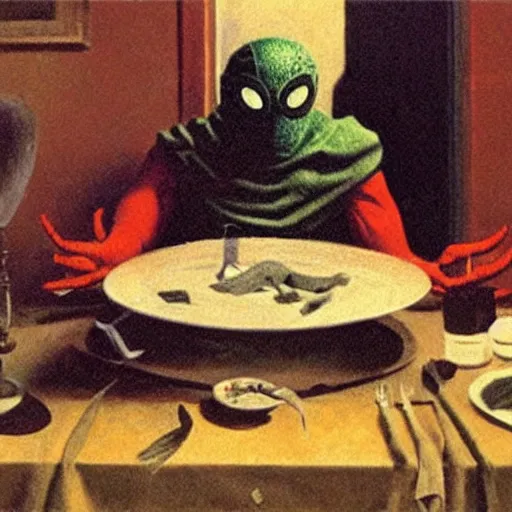 Image similar to Mysterio, Spider-Man, eating dinner, artwork by Franz Sedlacek,