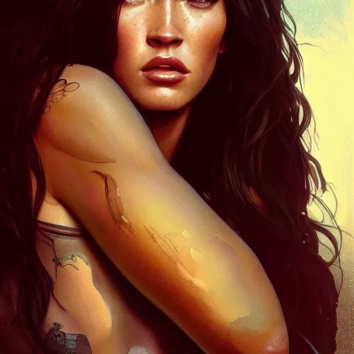 Image similar to Megan Fox , highly detailed, digital painting, artstation, concept art, sharp focus, illustration, art by greg rutkowski and alphonse mucha