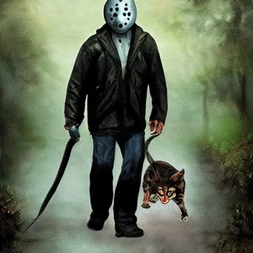 Prompt: Jason Voorhees walking a cat photo realistic