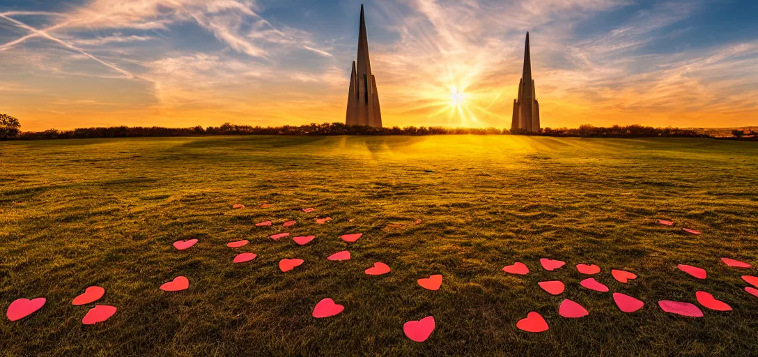 Image similar to a photograph of a beautiful landscape at sunset with lines of love hearts dancing towards a central spire, nikon d 8 5 0, golden hour, god rays