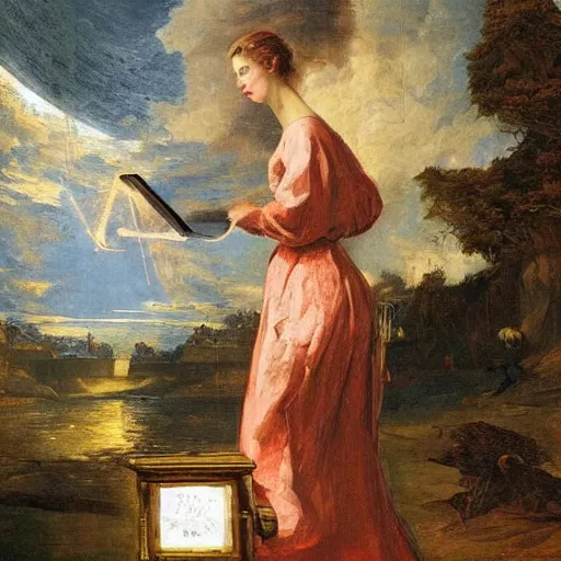 Prompt: A art installation. A rip in spacetime. Did this device in her hand open a portal to another dimension or reality?! instruction manual by Augustus Edwin Mulready curvaceous