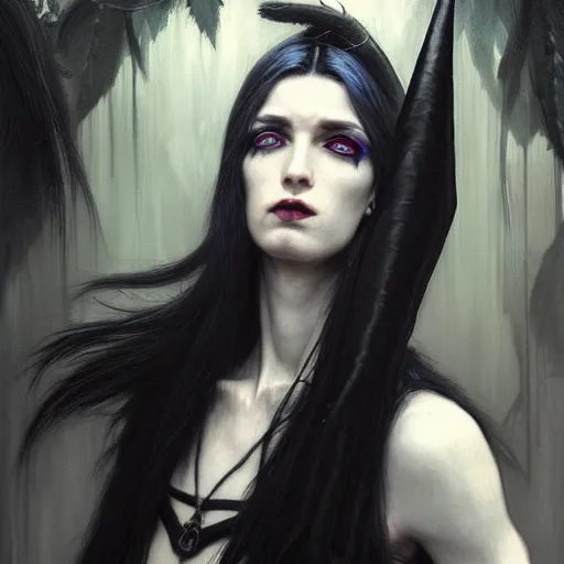 Image similar to portrait painting of an androgynous witch with shoulder length black hair pale skin and beautiful eyes wearing a punk clothes, ultra realistic, concept art, intricate details, eerie, highly detailed, photorealistic, octane render, 8 k, unreal engine. art by artgerm and greg rutkowski and magali villeneuve and alphonse mucha