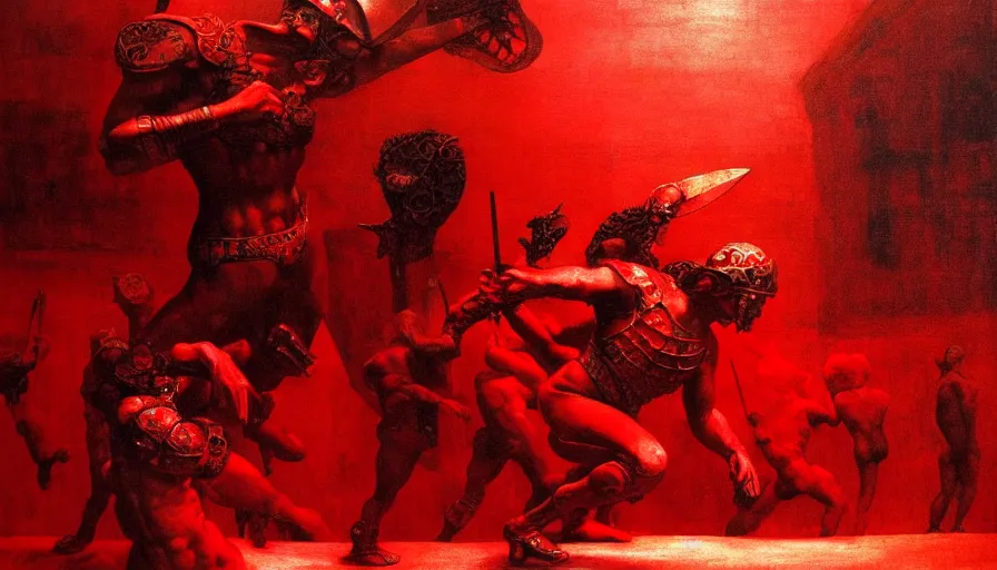 Image similar to only with red, a lightly armored gladiator in a crowded roman amphitheatre, crowd cheering, in the style of beksinski and edward hopper and rodcenko and yue minjun and rolf armstrong, intricate and epic composition, red by caravaggio, highly detailed, masterpiece, red light, artstation