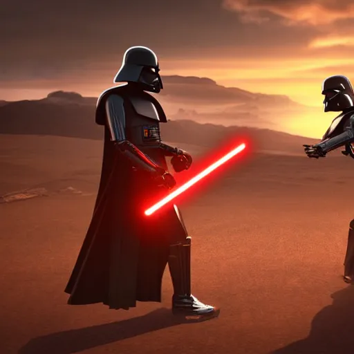 Prompt: darth vader wielding his light saber against robocop who is pointing a gun at him, against a barren landscape at sunset, warm, fine detail, epic composition, unreal engine.