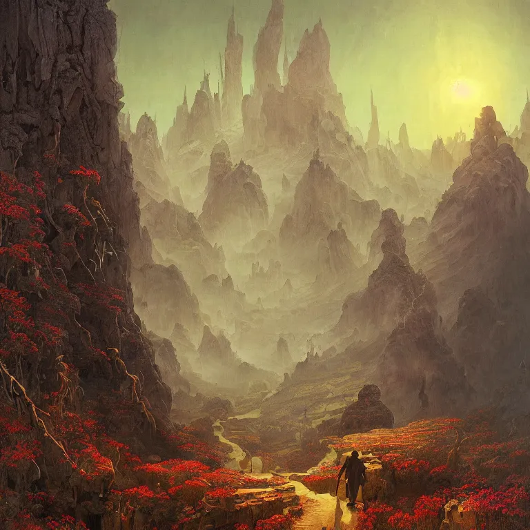 Image similar to a detailed landscape painting inspired by moebius and beksinski of a forest with path and man with a cape over his head. fantasy poster. cinematic fantasy scene. aurora lighting. fantasy. carl spitzweg. baroque elements. baroque element. intricate artwork by caravaggio. oil painting. award winning. dramatic. trending on artstation. 8 k