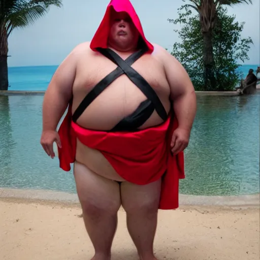 Image similar to a morbidly obese man in swimwear as a sith lord