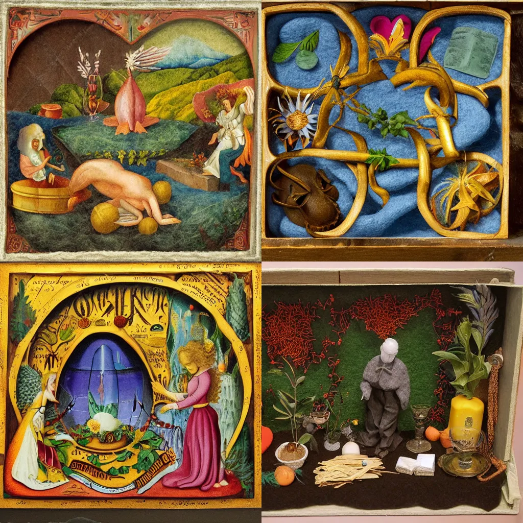 Prompt: alchemy and rosicrucianism fall in love, felt diorama in the style of reallybigname