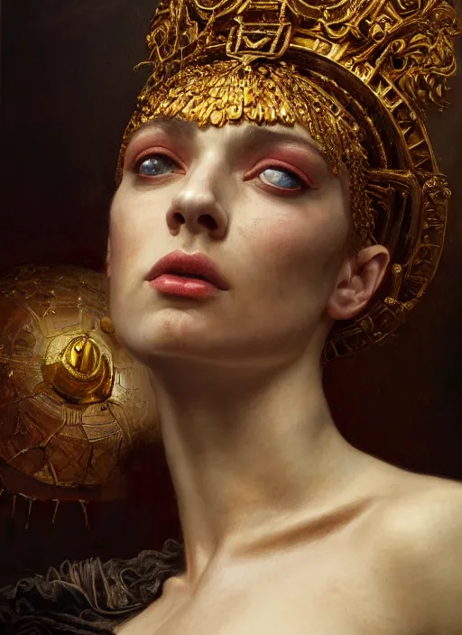 Prompt: highly detailed oil painting | very intricate | cinematic lighting | award - winning | portrait of the goddess of war dressed by alexander mcqueen | by roberto ferri, by tom bagshaw, by j. c. leyendecker and klimt, american romanticism, by austin osman spare, artstation, cgsociety, official art, octane