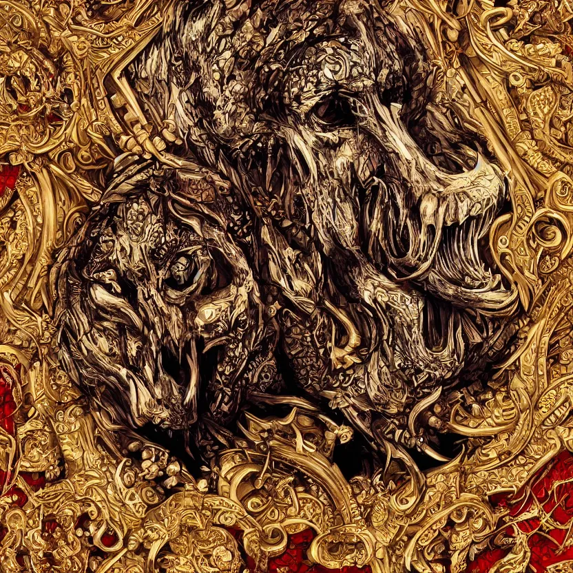 Image similar to photo of skull of wolf, lying on bones, dramatic lighting, circural, golden ornaments, symmetric, intricate skeletal decorations, symmetry, highly detailed, concept art, black, red, white, gold layers, centered, style of nekroxiii, hyperrealistic, dark background, smoke