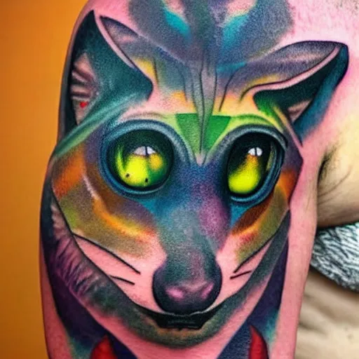 Image similar to shoulder tattoo of a multicolored trippy furry bushbaby with rainbow colored spiral eyes, surrounded with colorful leaves and flowers, insanely integrate