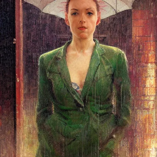 Image similar to detailed portrait of a woman, moment, cyberpunk cloisters, electronic billboards, tech noir, wet reflections, atmospheric, ambient, wlop, norman rockwell, alexis flower, hopper, livia prima, greg rutkowski, george tooker, gil elvgren, norman rockwell, alexis flower, hopper, mucha, whistler, norman rockwell, peter max,