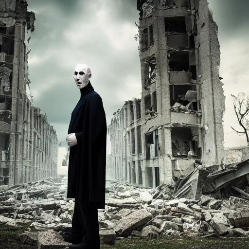 Prompt: Portrait of Voldemort standing in front of the ruins of an apartment, cinematic photography, HD, eerie