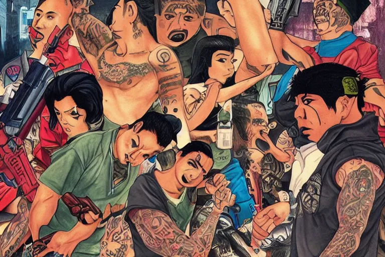 Prompt: hispanic gang members with tattoos in a brawl with knifes and guns in a dark alley in the style of satoshi kon