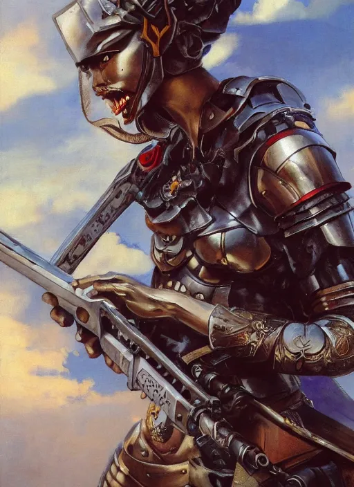 Prompt: symmetry! closeup portrait of a beautiful biblical diabolical samurai girl holding a rifle, cyborg armor, in clouds, cinematic studio light, windy, sunrise, by gerald brom, by mikhail vrubel, by peter elson, muted colors, extreme detail, trending on artstation, 8 k