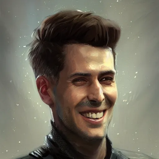 Image similar to portrait of a man by greg rutkowski, he is about 3 0 years old, mixture between german and turkish, copper quiff hair, uncanny smile, very tall and slender, he is wearing a futuristic police gear, highly detailed portrait, digital painting, artstation, concept art, smooth, sharp foccus ilustration, artstation hq